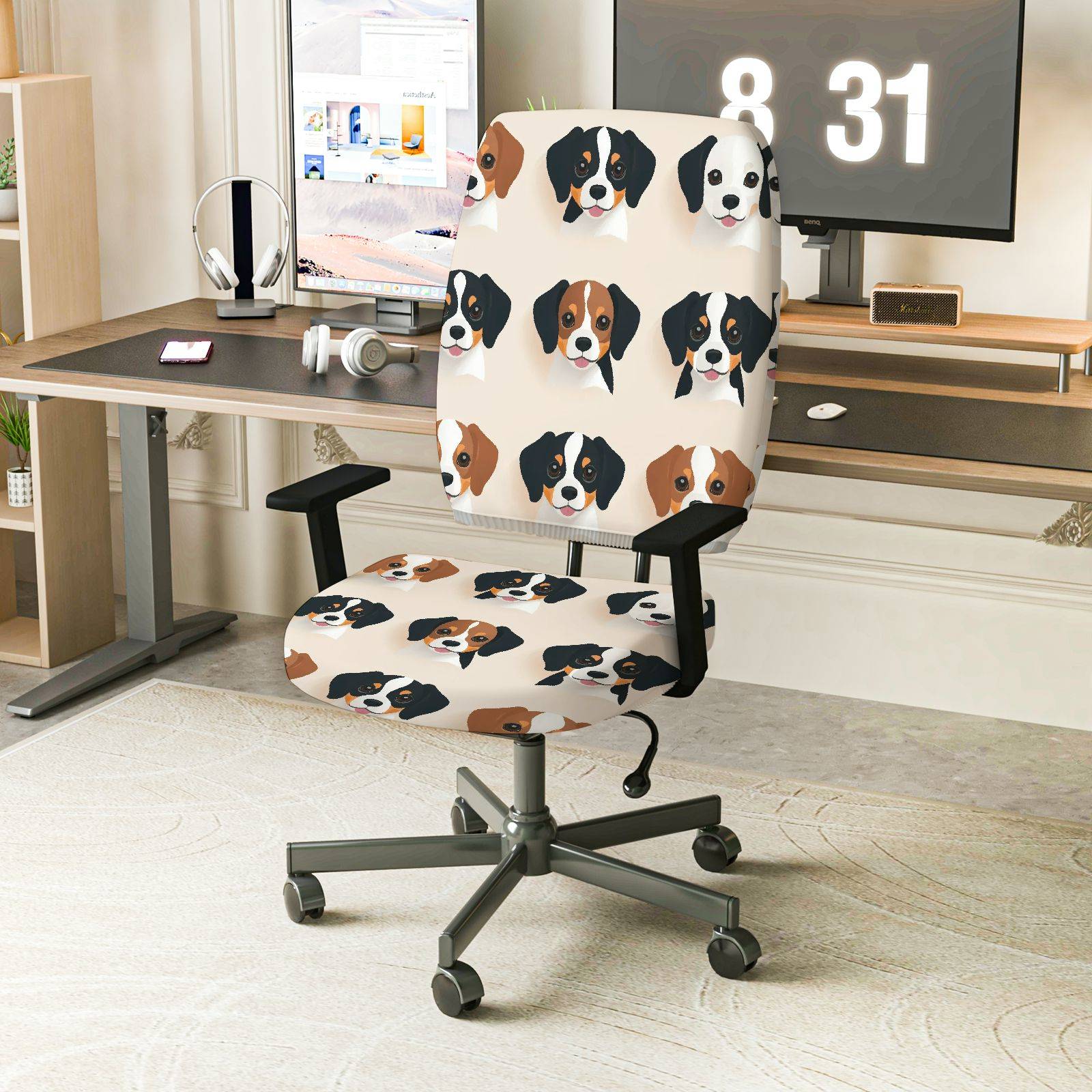 2-Piece Cute Dog Pattern Animal Print Fun  Computer Chair Cover Set, Seat and Backrest