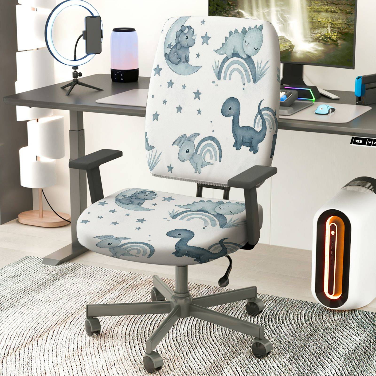 2-Piece Cute Dinosaur Star Moon Rainbow Animal  Computer Chair Cover Set, Seat and Backrest