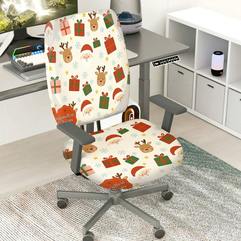 2-Piece Christmas Deer Santa Gift Snowflake  Computer Chair Cover Set, Seat and Backrest