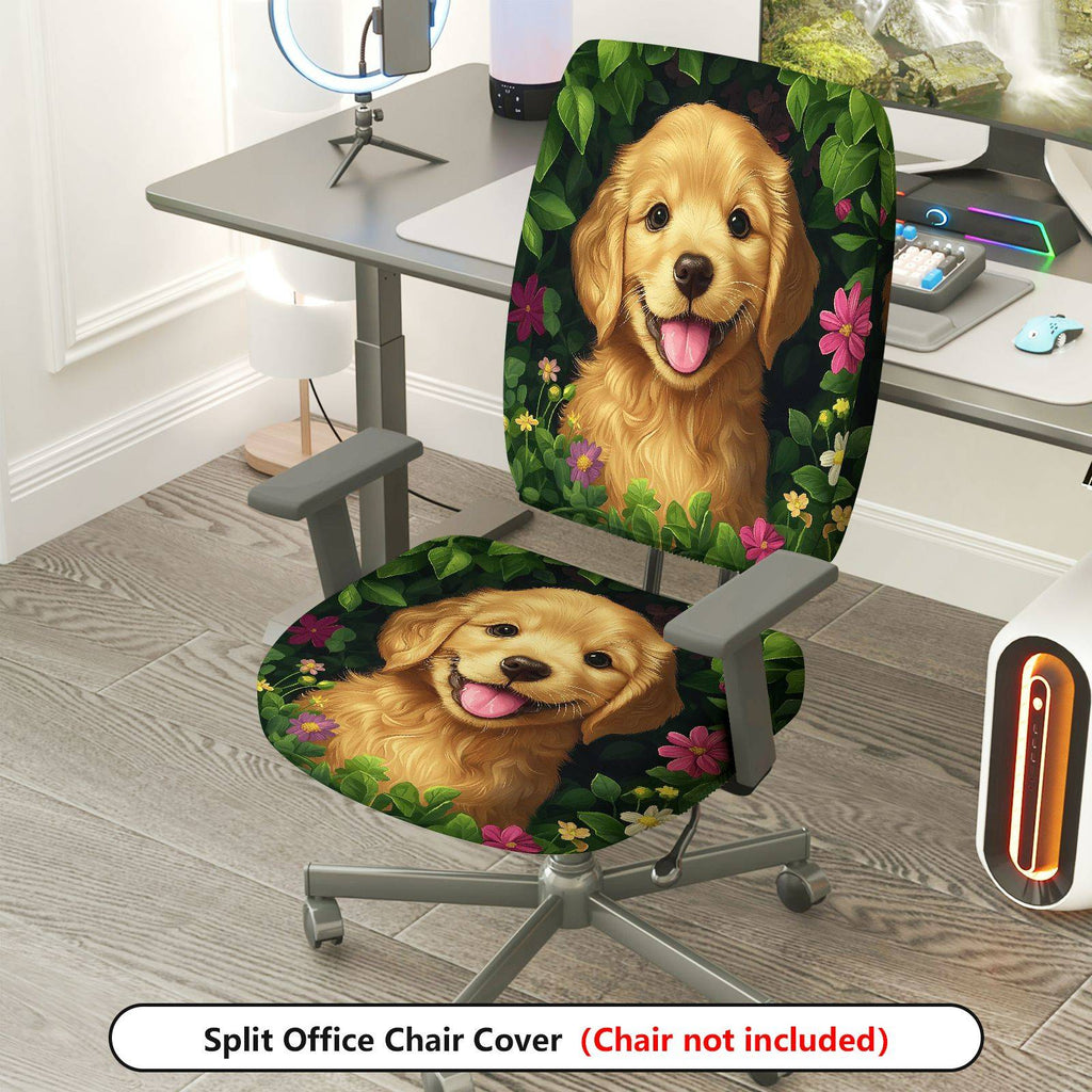 2-Piece Dog Floral Nature Green Pink  Computer Chair Cover Set, Seat and Backrest
