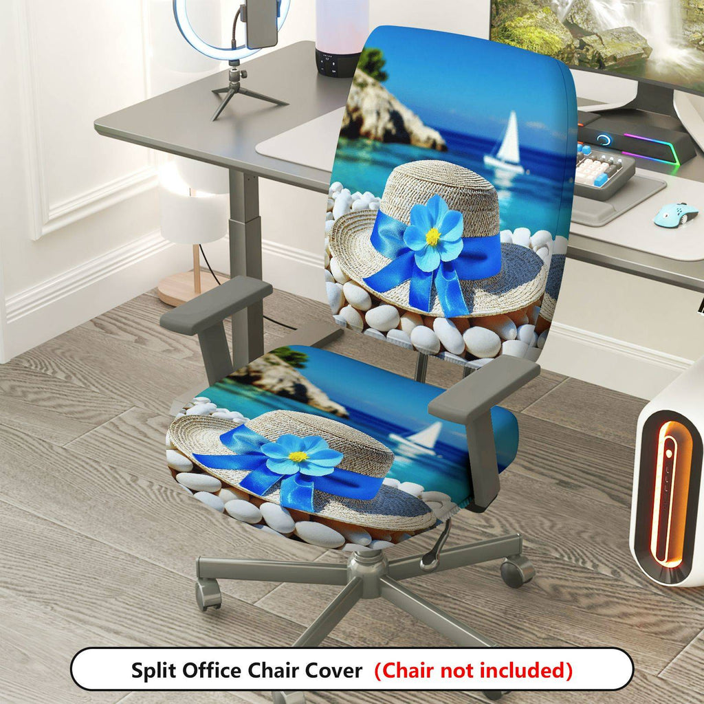 2-Piece Nautical Beach Hat Flower Sailboat Seaside  Computer Chair Cover Set, Seat and Backrest