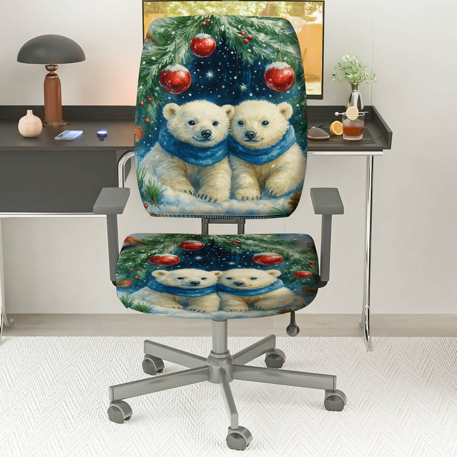 2-Piece Christmas Polar Bear Snow Winter Holiday Decor  Computer Chair Cover Set, Seat and Backrest