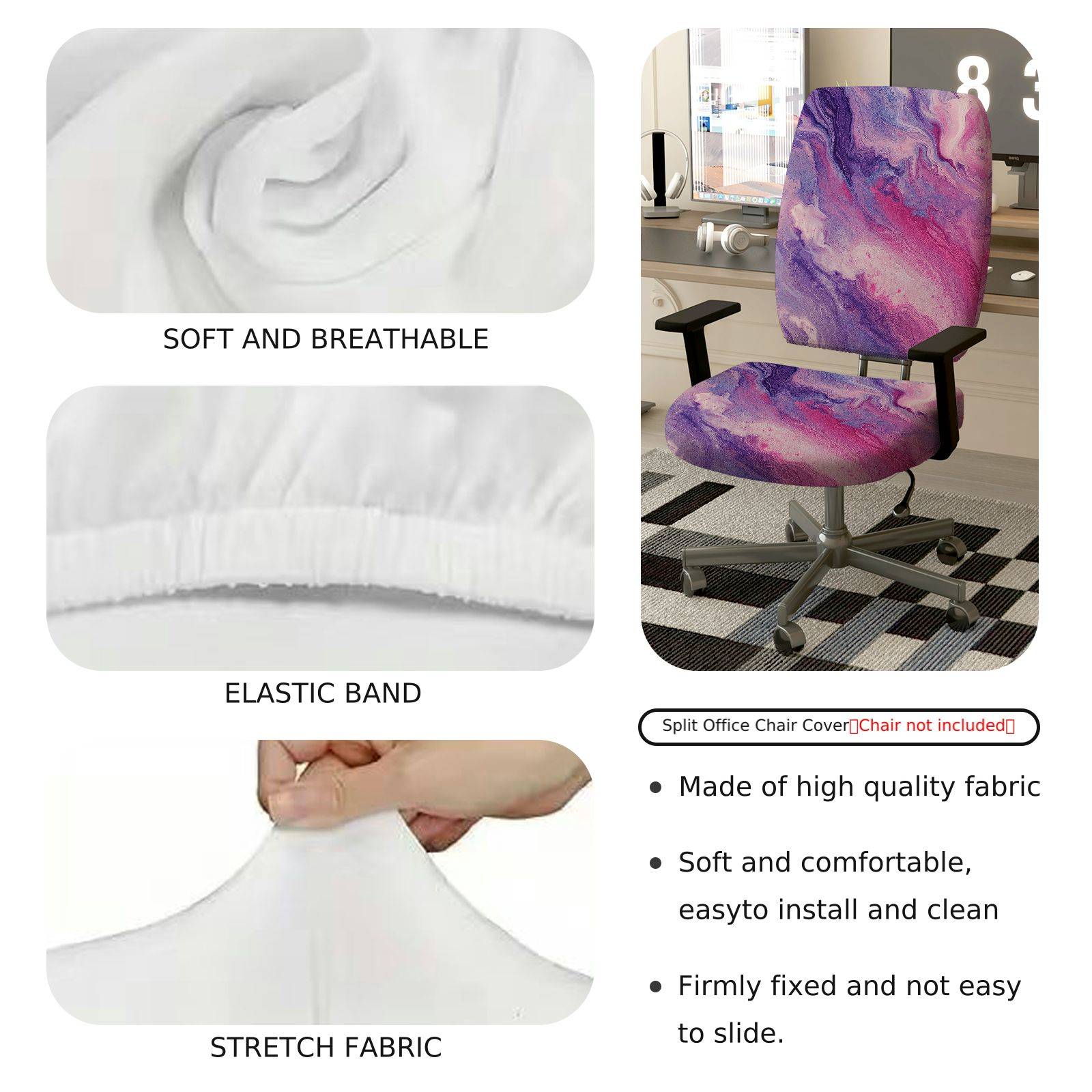 2-Piece Abstract Marble Swirl Pink Purple  Computer Chair Cover Set, Seat and Backrest