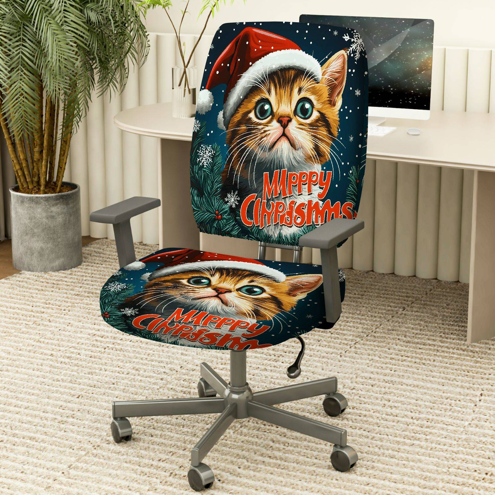 2-Piece Christmas Cat Festive Holiday Decor  Computer Chair Cover Set, Seat and Backrest