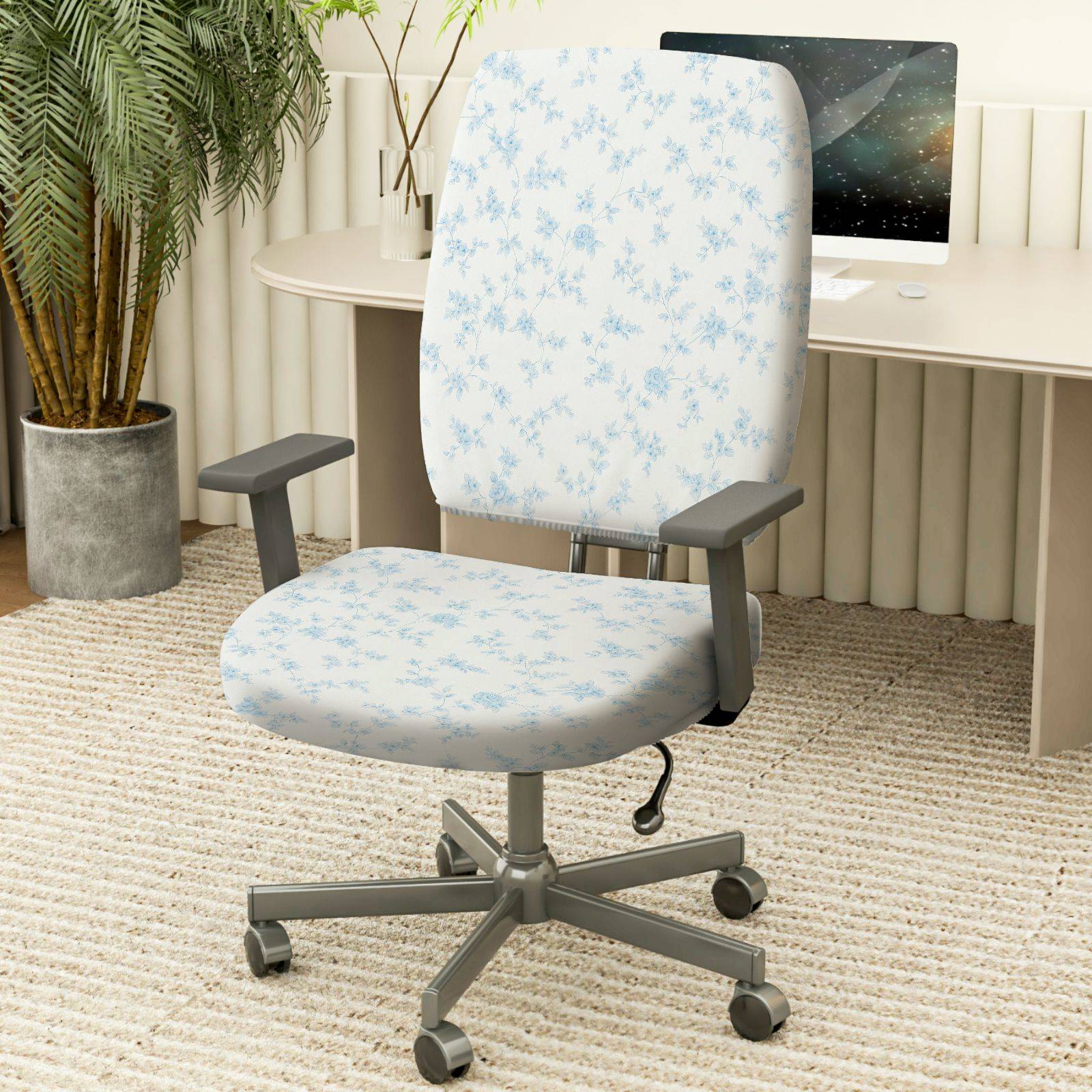 2-Piece Blue Floral Pattern Stylish Decorative  Computer Chair Cover Set, Seat and Backrest