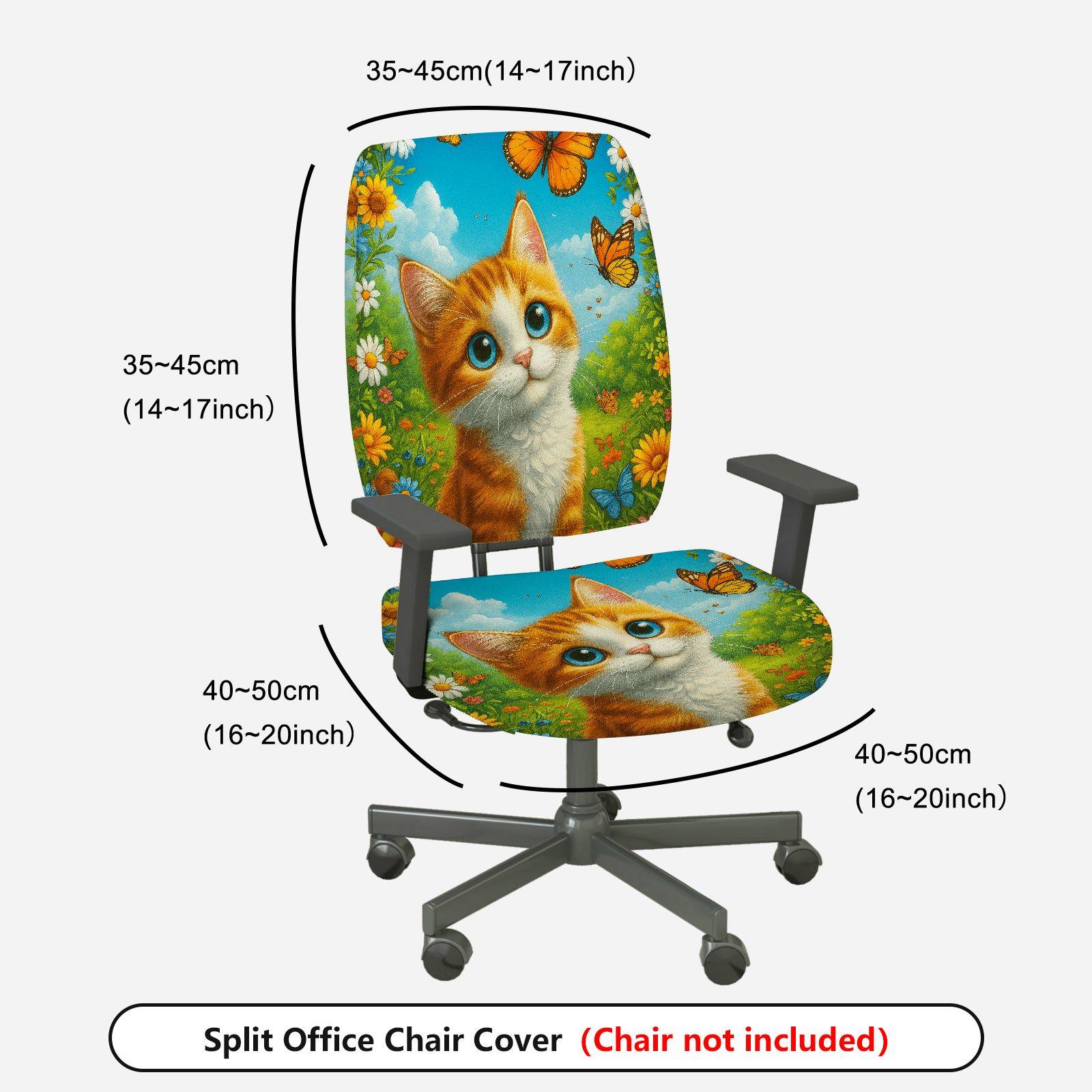 2-Piece Cute Cat Floral Nature Butterfly Colorful  Computer Chair Cover Set, Seat and Backrest