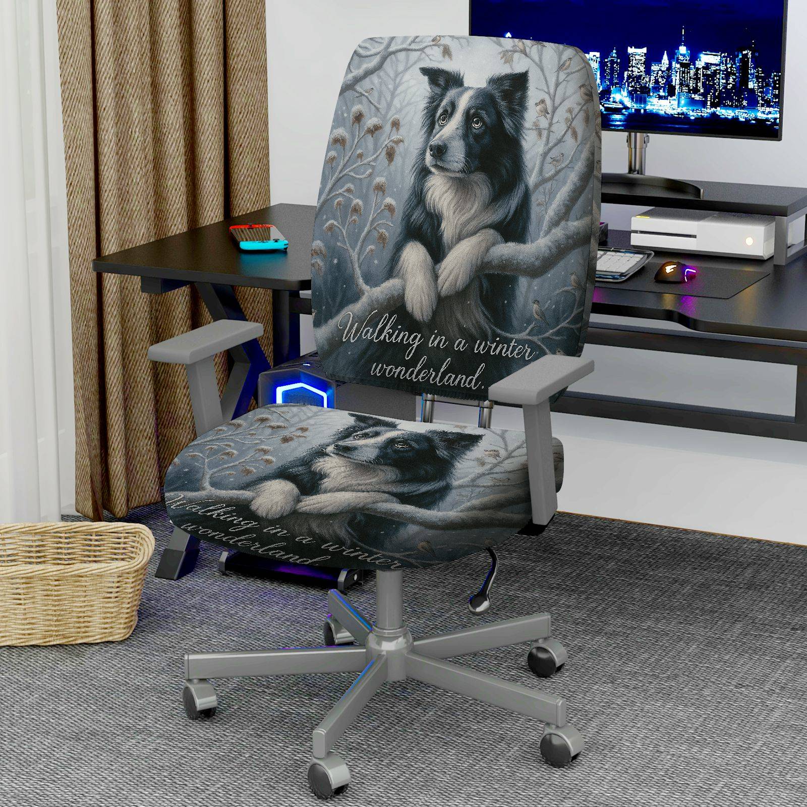 2-Piece Winter Dog Snow Forest Wonderland  Computer Chair Cover Set, Seat and Backrest