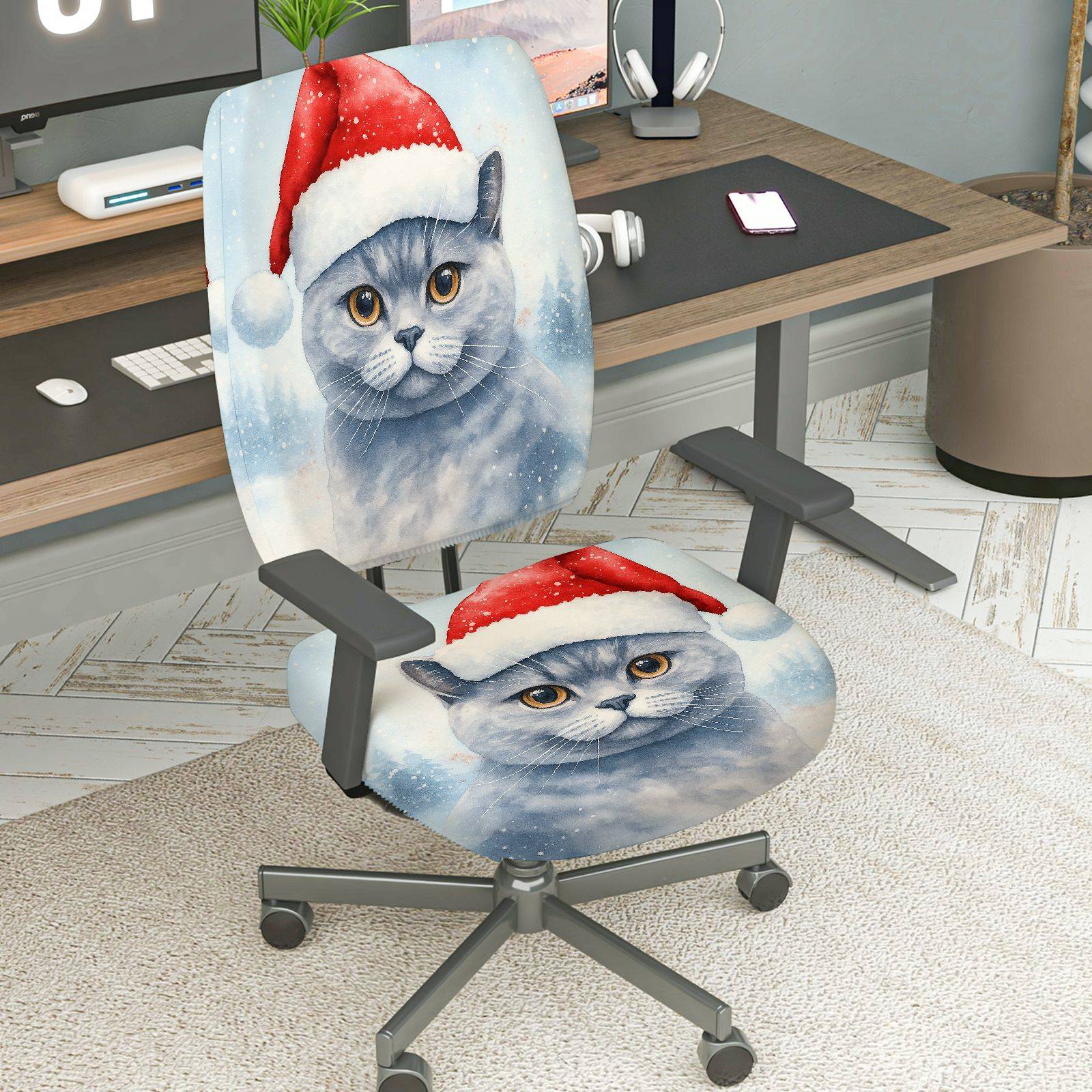 2-Piece Christmas cat festive design  Computer Chair Cover Set, Seat and Backrest