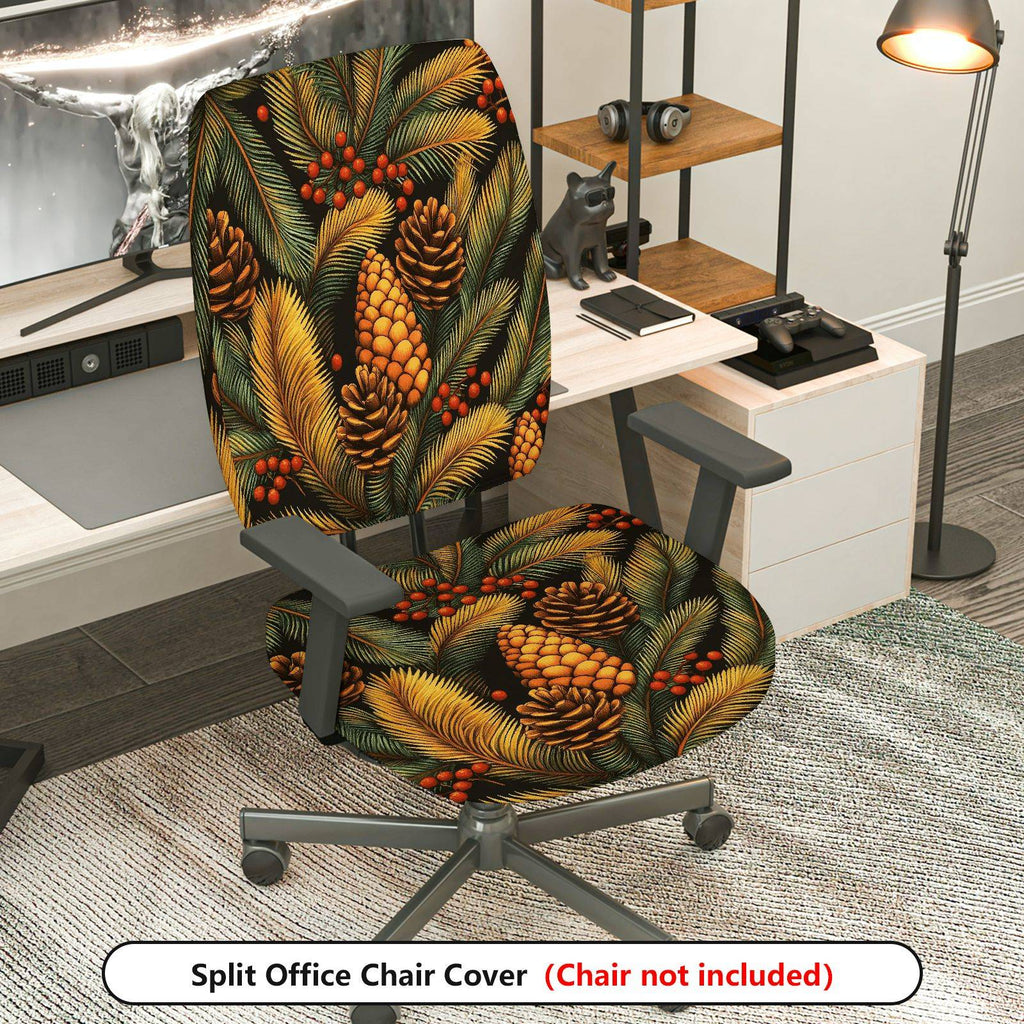 2-Piece Christmas Pinecone Berry Leaf Holiday  Computer Chair Cover Set, Seat and Backrest