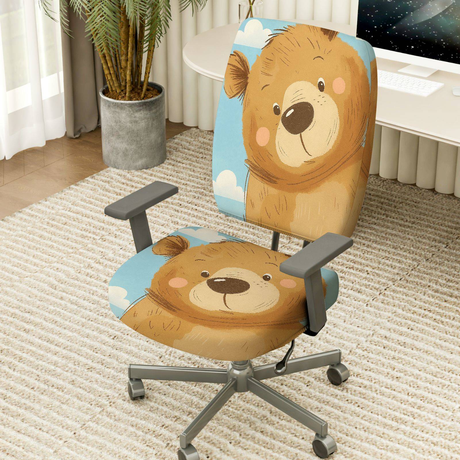 2-Piece Cute Bear Cloud Sky Fun  Computer Chair Cover Set, Seat and Backrest
