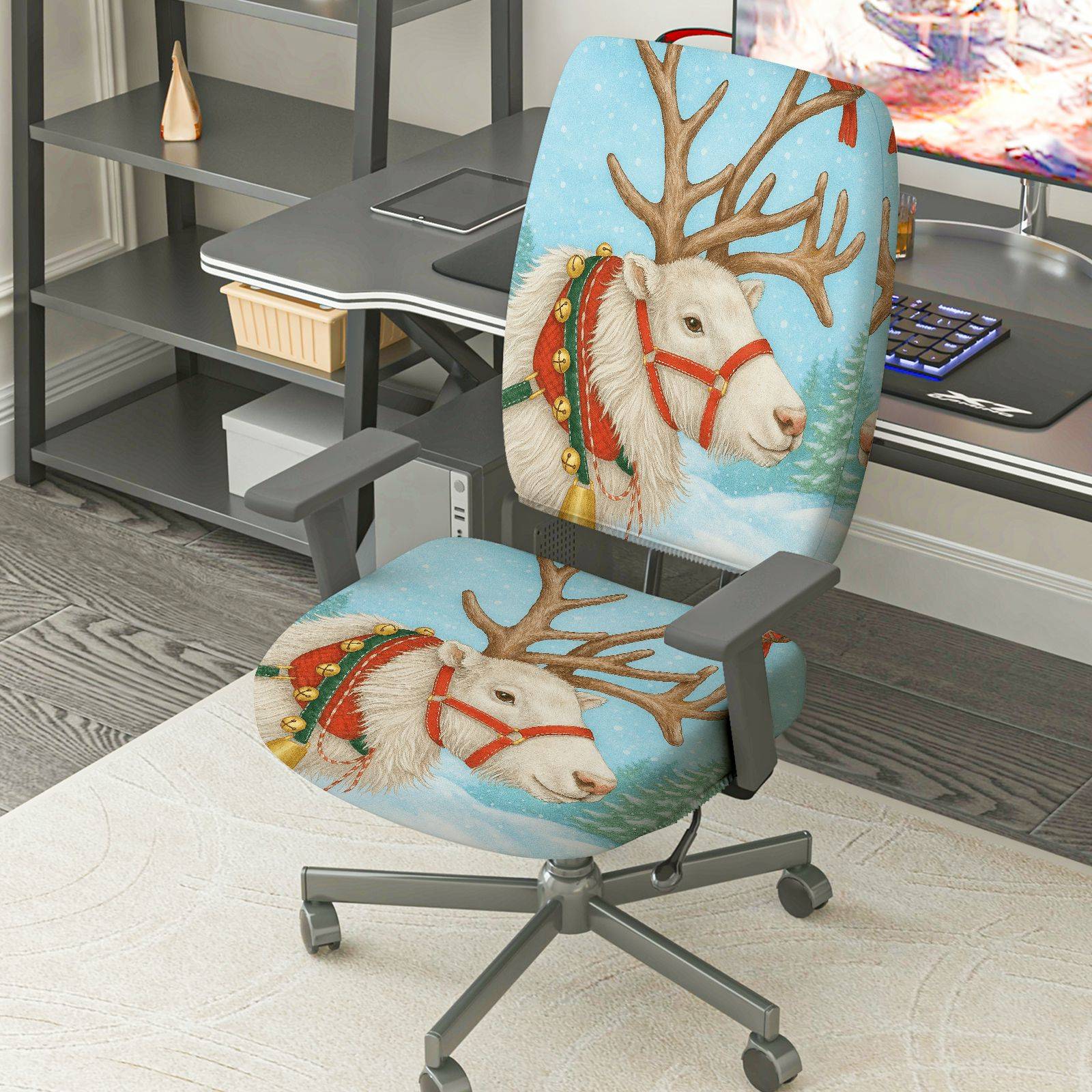 2-Piece Christmas Reindeer Snowy Forest Holiday Decorative  Computer Chair Cover Set, Seat and Backrest