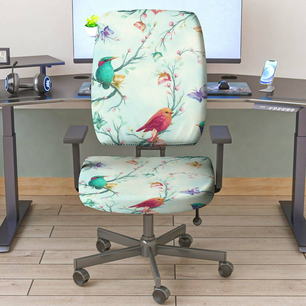 2-Piece Colorful Bird Flower  Computer Chair Cover Set, Seat and Backrest