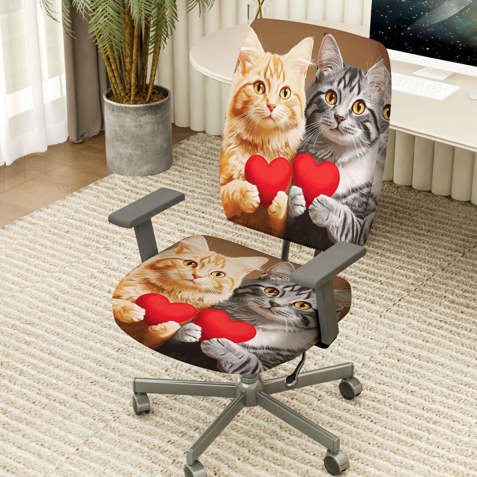 2-Piece Adorable Loving Heart Cat Design Cute Animal Valentine Gift  Computer Chair Cover Set, Seat and Backrest