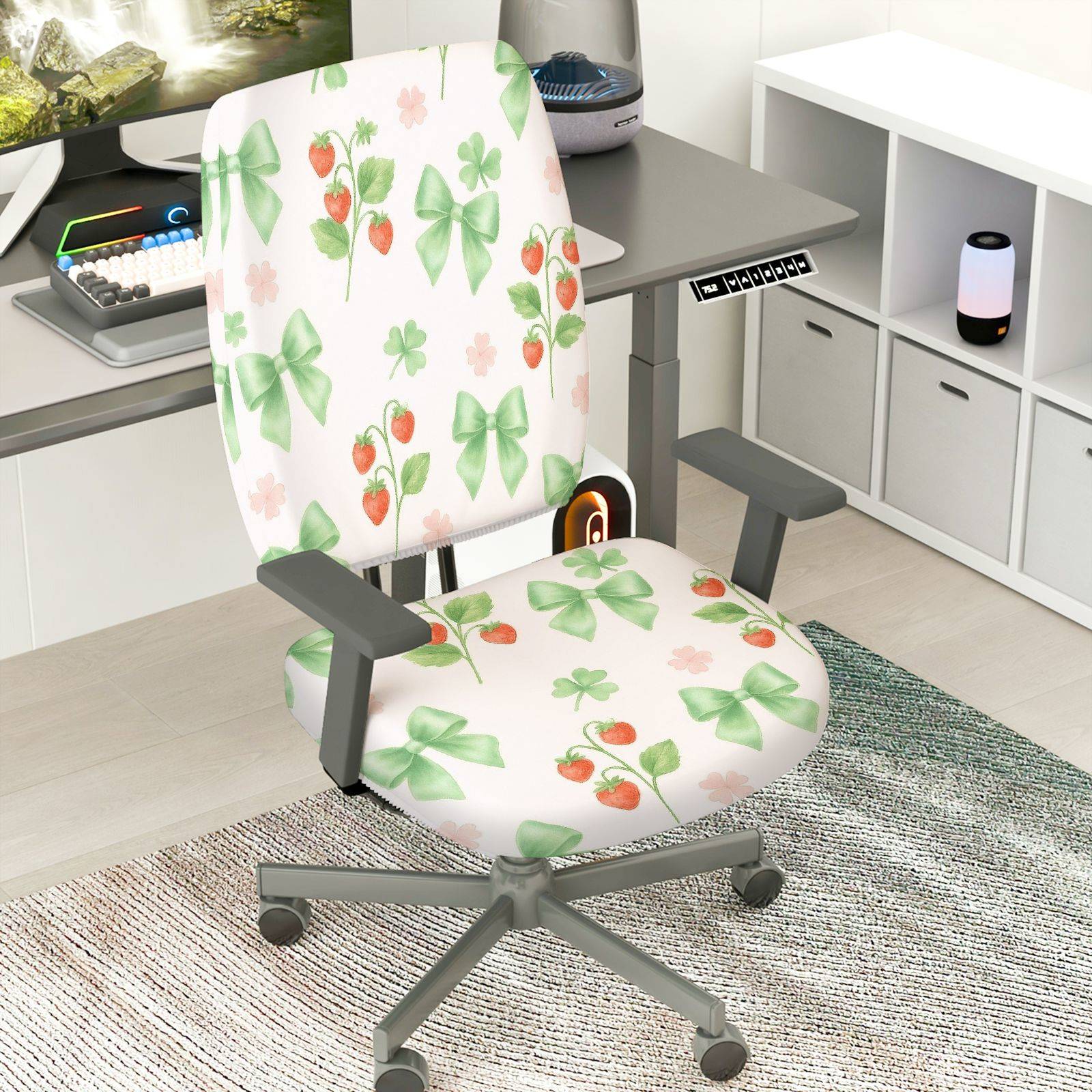 2-Piece Strawberry Bow Clover Flower Pink  Computer Chair Cover Set, Seat and Backrest