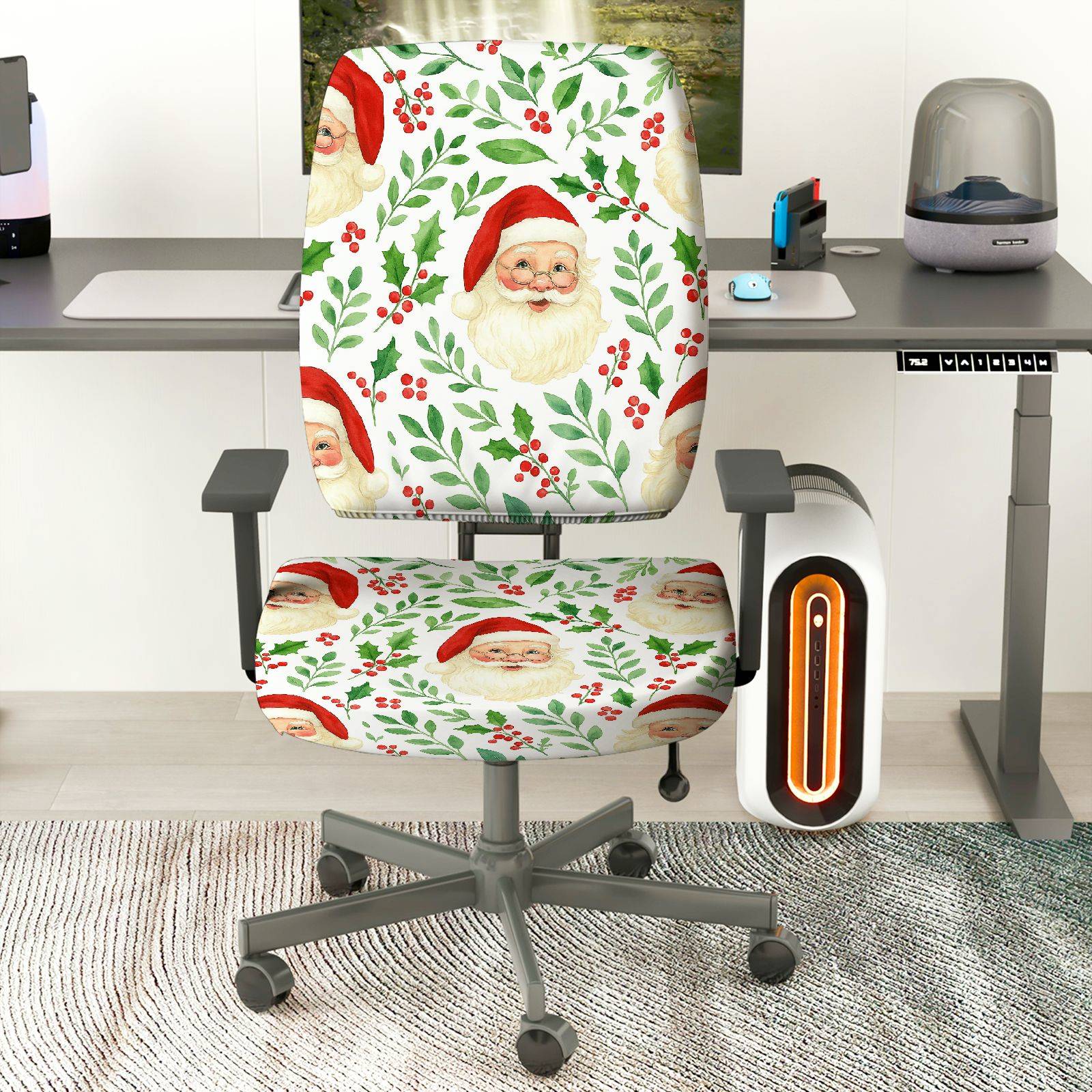 2-Piece Christmas Santa Claus Holly Berry Festive Decoration  Computer Chair Cover Set, Seat and Backrest