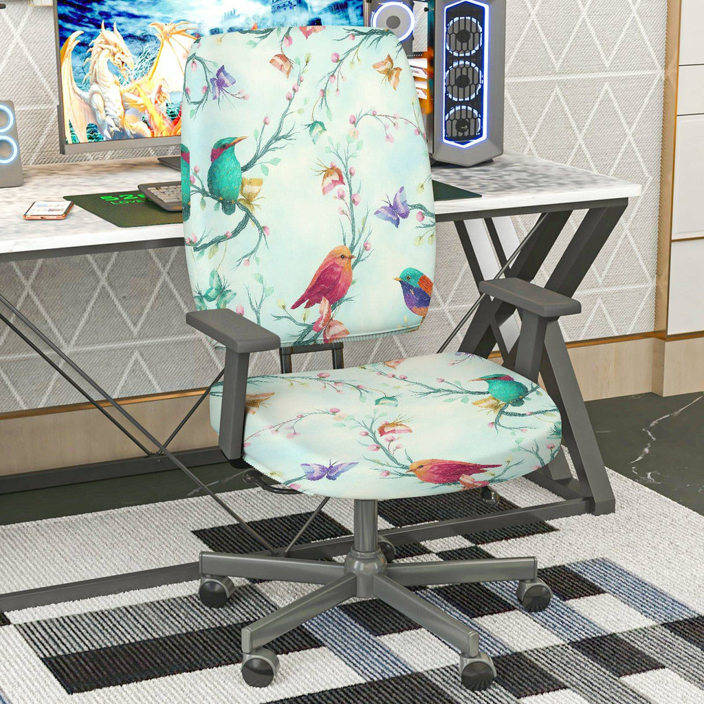2-Piece Colorful Bird Flower  Computer Chair Cover Set, Seat and Backrest