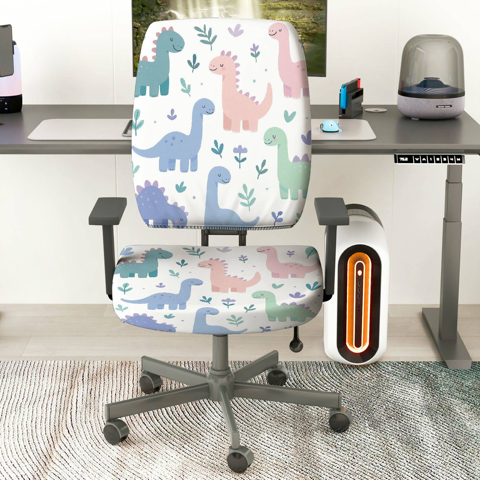 2-Piece Cute Dinosaur Pattern Decorative Printed  Computer Chair Cover Set, Seat and Backrest