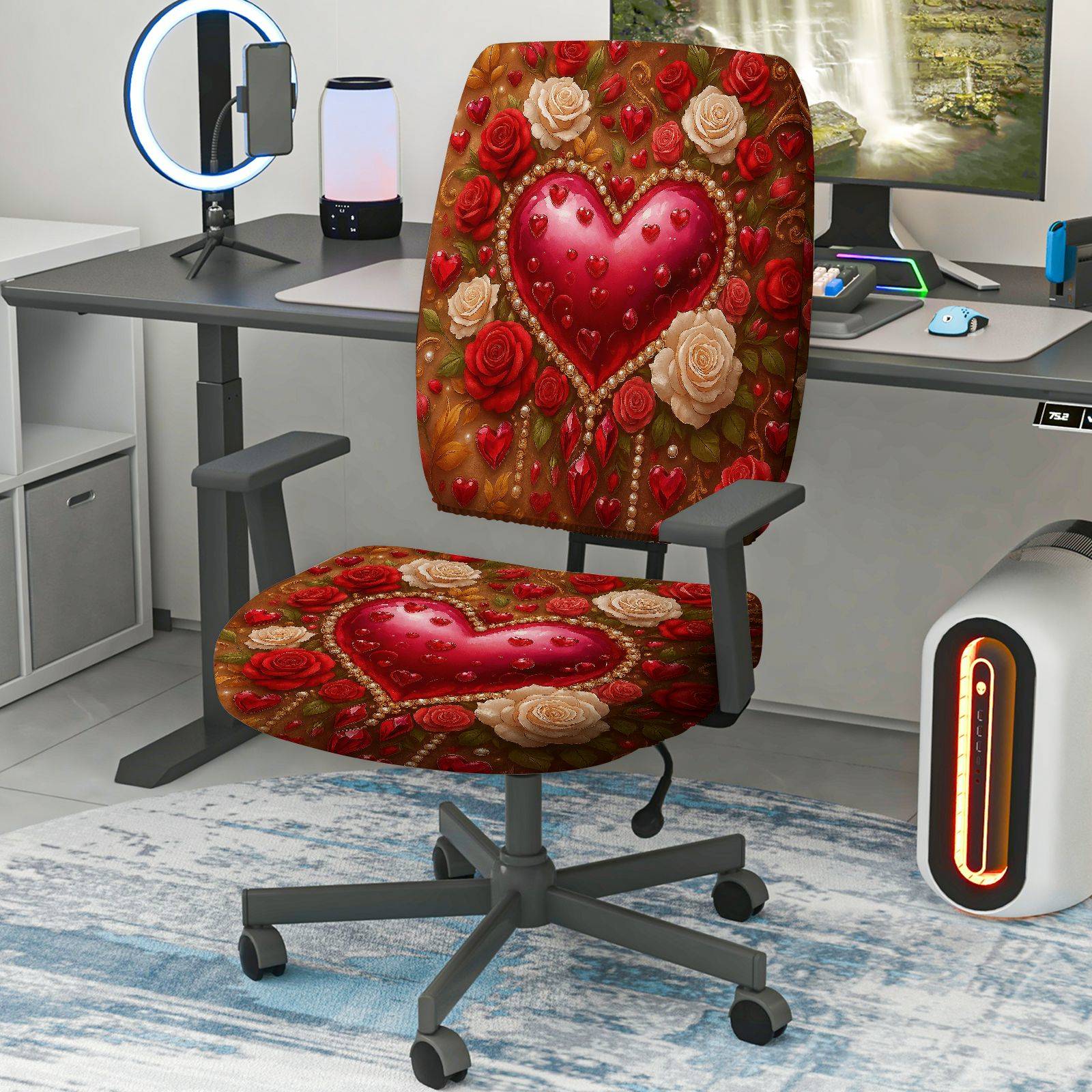 2-Piece Romantic Valentine Heart Love Rose Flower  Computer Chair Cover Set, Seat and Backrest