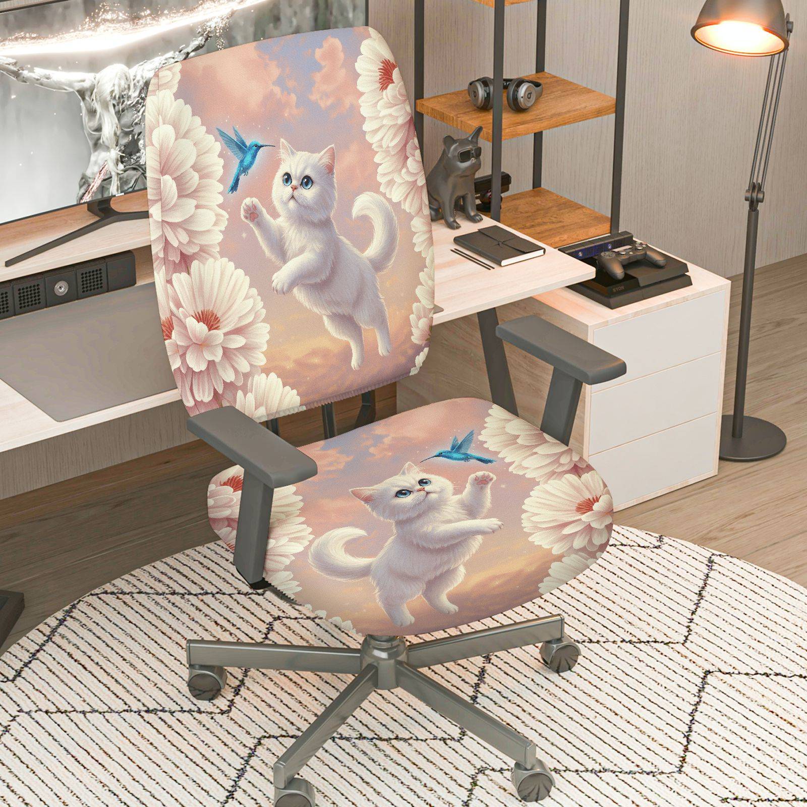2-Piece Floral Cat Bird Clouds Sunset  Computer Chair Cover Set, Seat and Backrest