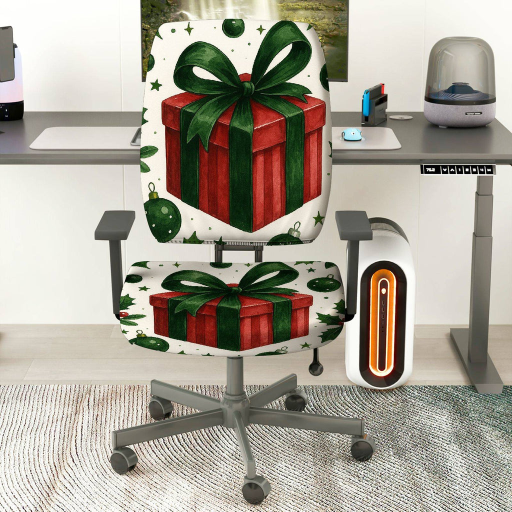 2-Piece Christmas Holiday Gift Bow Green Red  Computer Chair Cover Set, Seat and Backrest