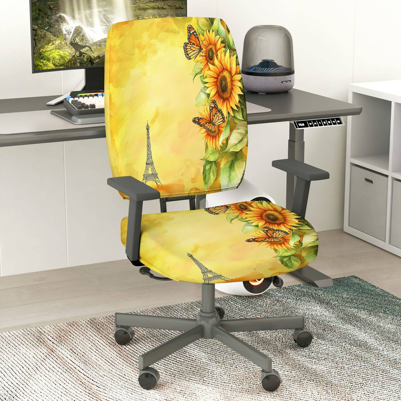 2-Piece Sunflower Eiffel Tower Butterfly Nature Autumn  Computer Chair Cover Set, Seat and Backrest