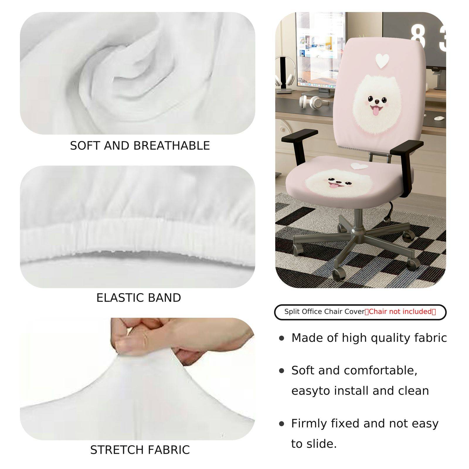 2-Piece Cute Dog Heart Pink Adorable Fun  Computer Chair Cover Set, Seat and Backrest