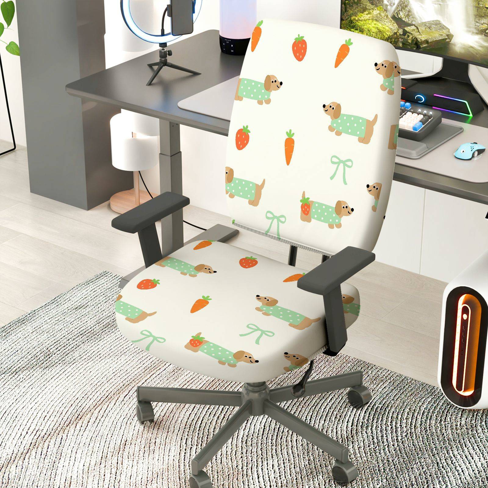 2-Piece Dog Strawberry Carrot Bow  Computer Chair Cover Set, Seat and Backrest