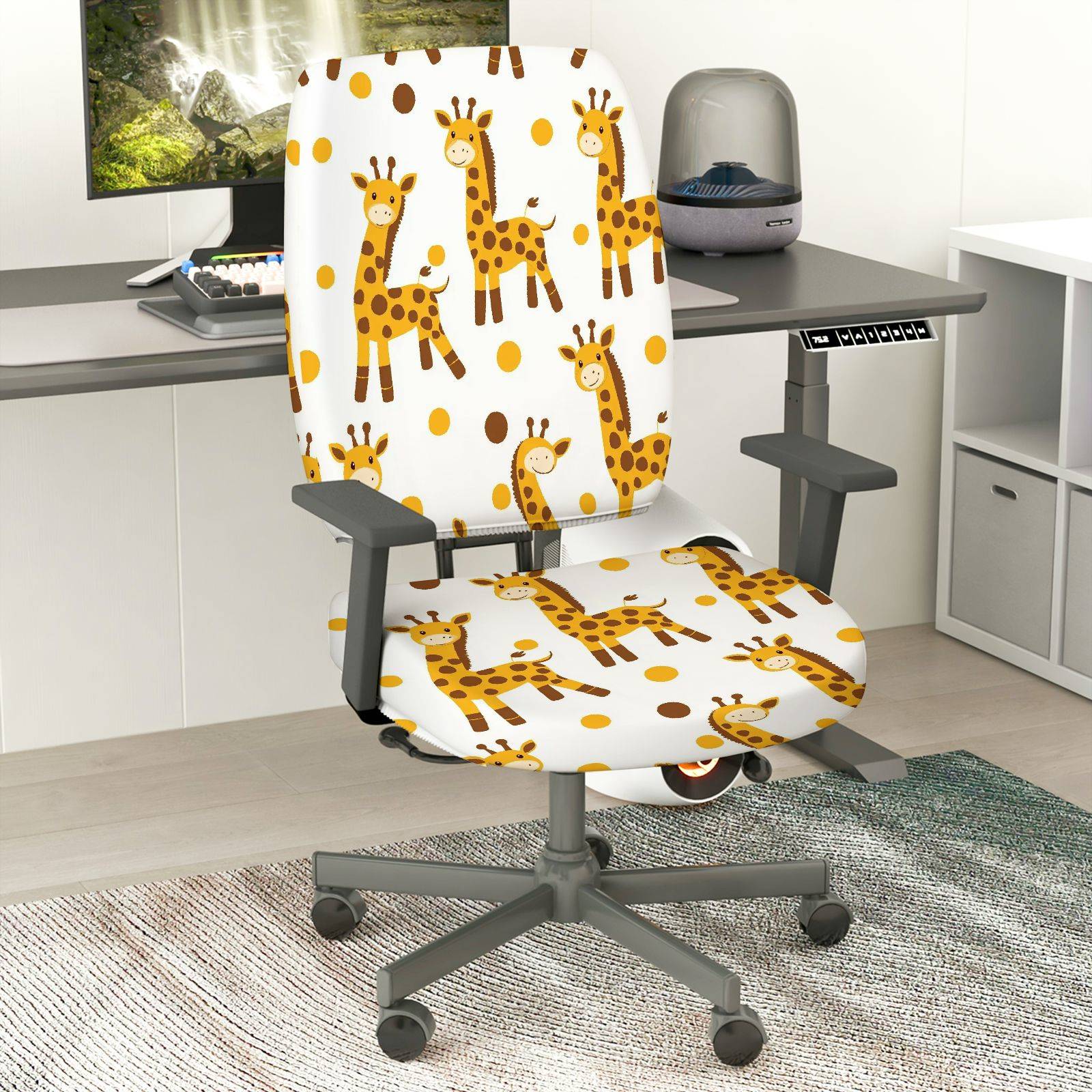 2-Piece Cute Giraffe Print Yellow Spot  Computer Chair Cover Set, Seat and Backrest