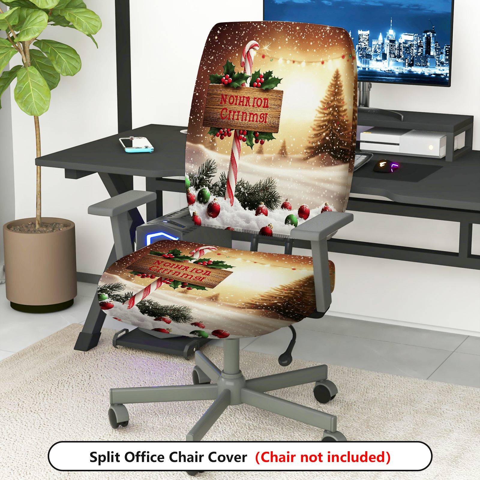 2-Piece Christmas Snowflake Candy Cane Holly Tree  Computer Chair Cover Set, Seat and Backrest