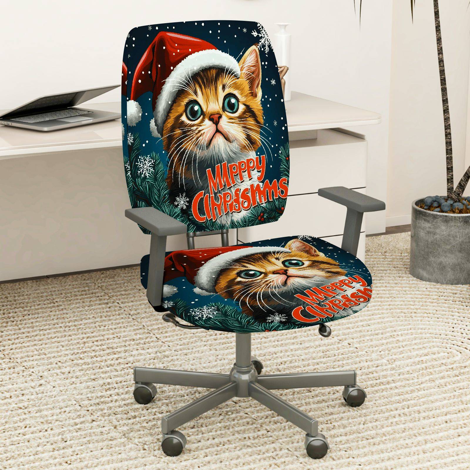 2-Piece Christmas Cat Festive Holiday Decor  Computer Chair Cover Set, Seat and Backrest