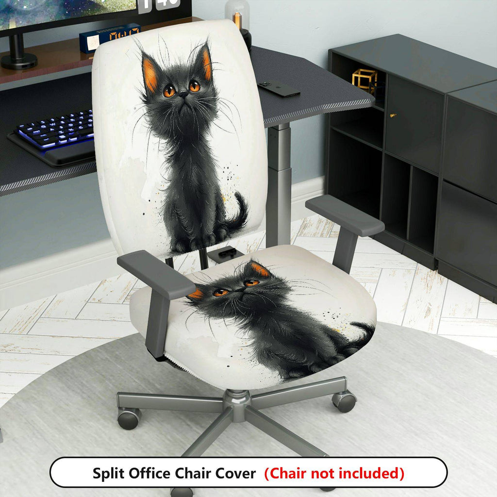2-Piece Cute Cat Graphic Black Kitten Print Artistic Design  Computer Chair Cover Set, Seat and Backrest