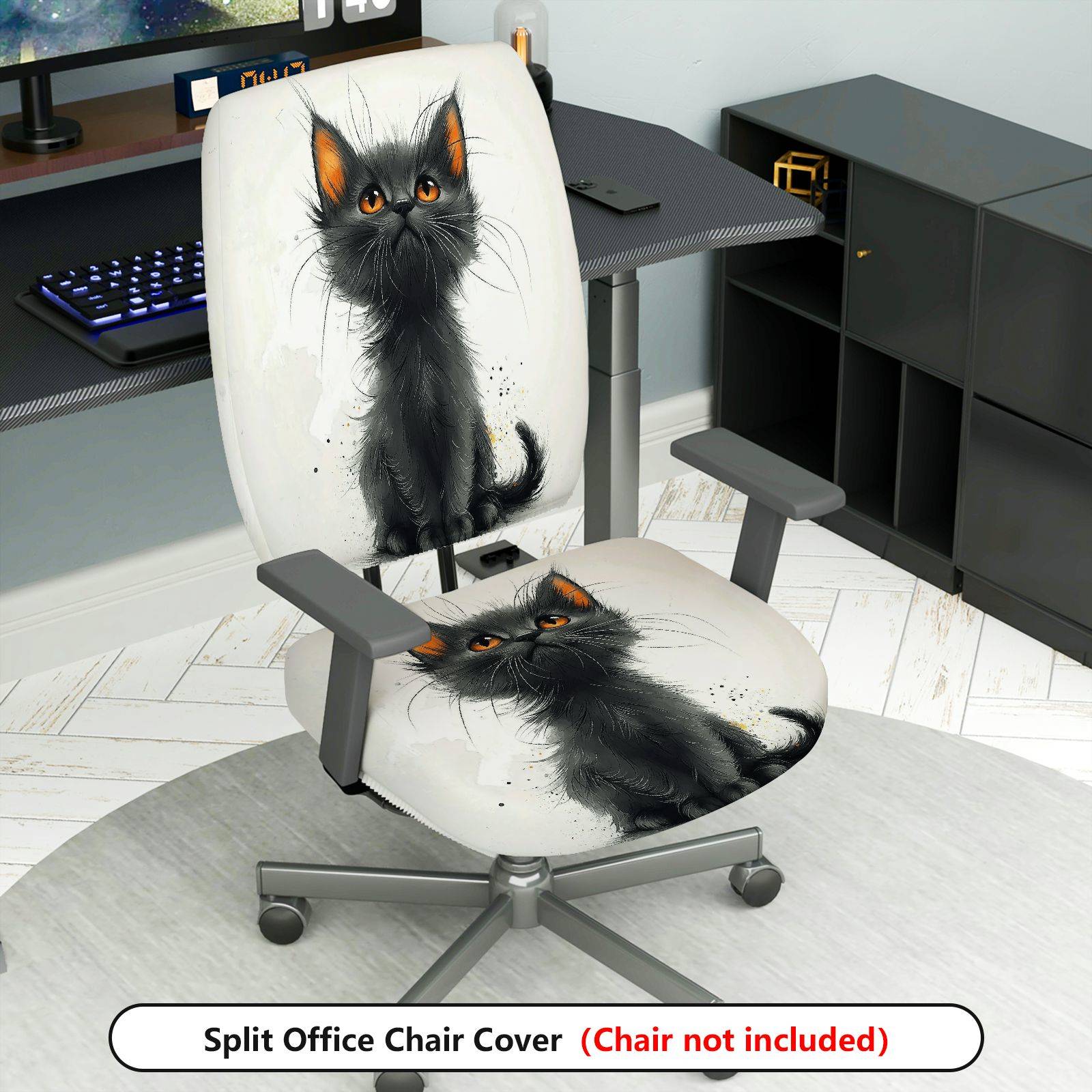 2-Piece Cute Cat Graphic Black Kitten Print Artistic Design  Computer Chair Cover Set, Seat and Backrest