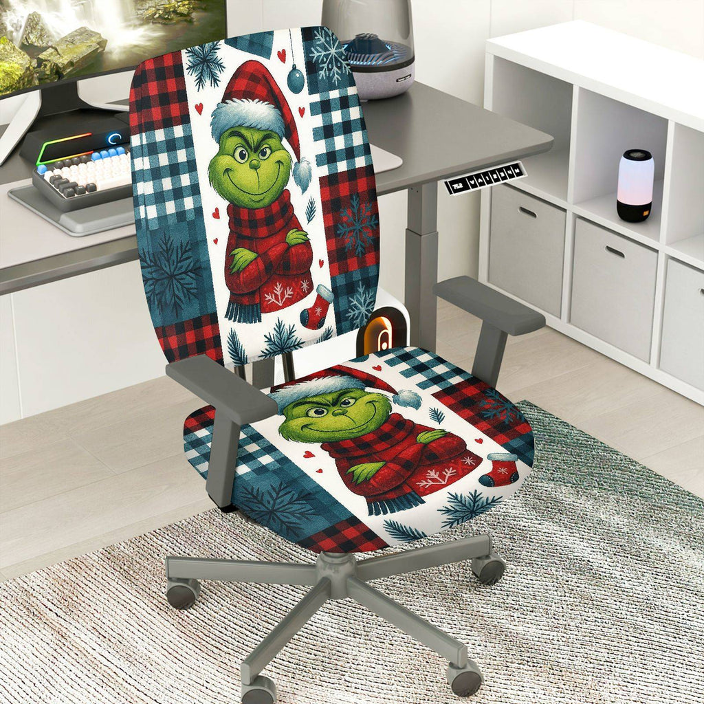 2-Piece Christmas Grinch Plaid Snowflake Holiday  Computer Chair Cover Set, Seat and Backrest