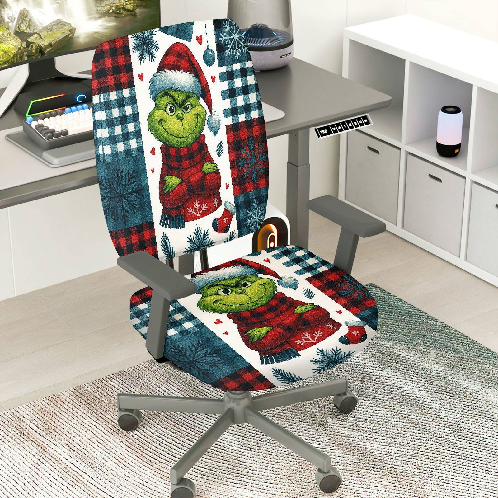 2-Piece Christmas Grinch Plaid Snowflake Holiday  Computer Chair Cover Set, Seat and Backrest