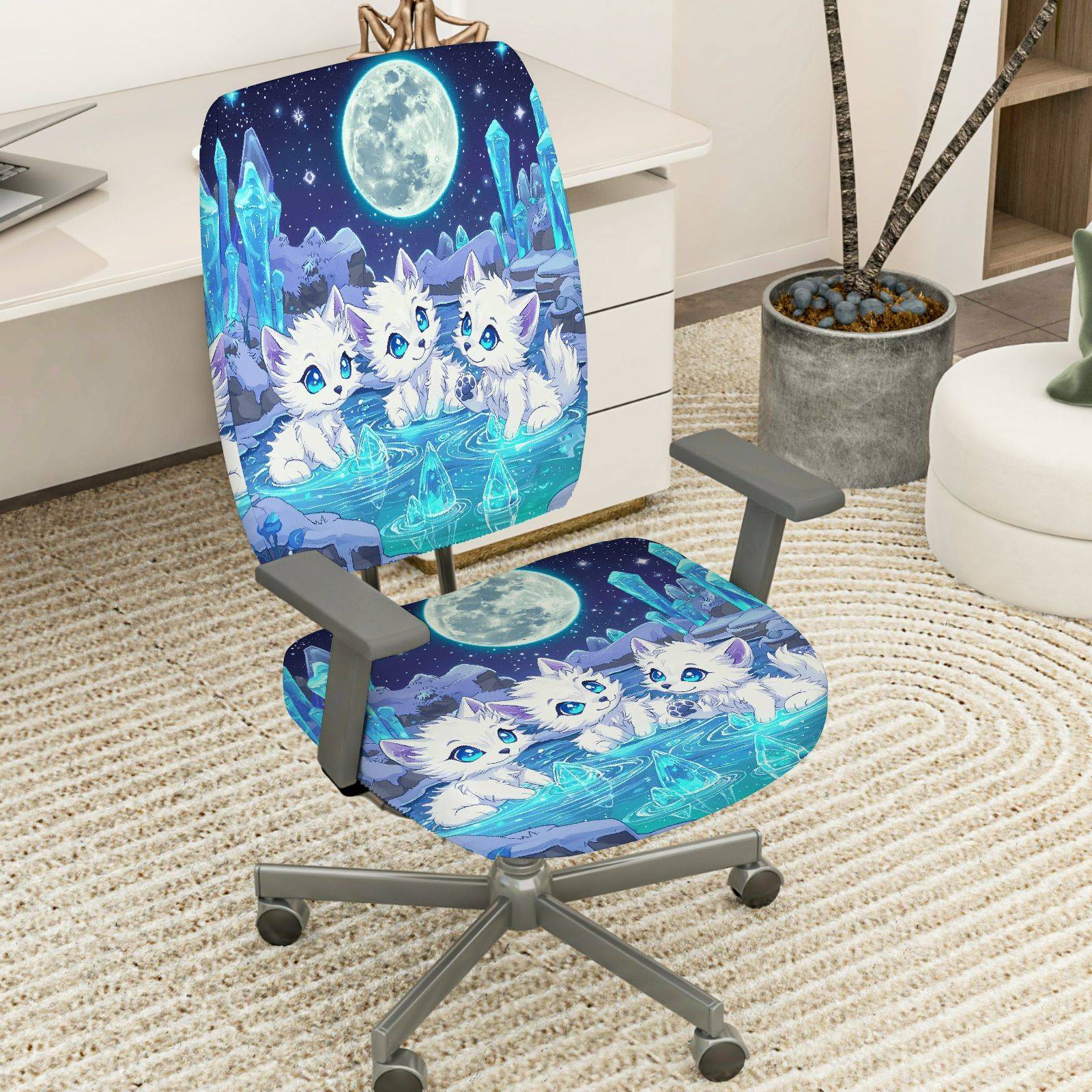 2-Piece Moonlight Fantasy Animal Crystal Night Cats  Computer Chair Cover Set, Seat and Backrest
