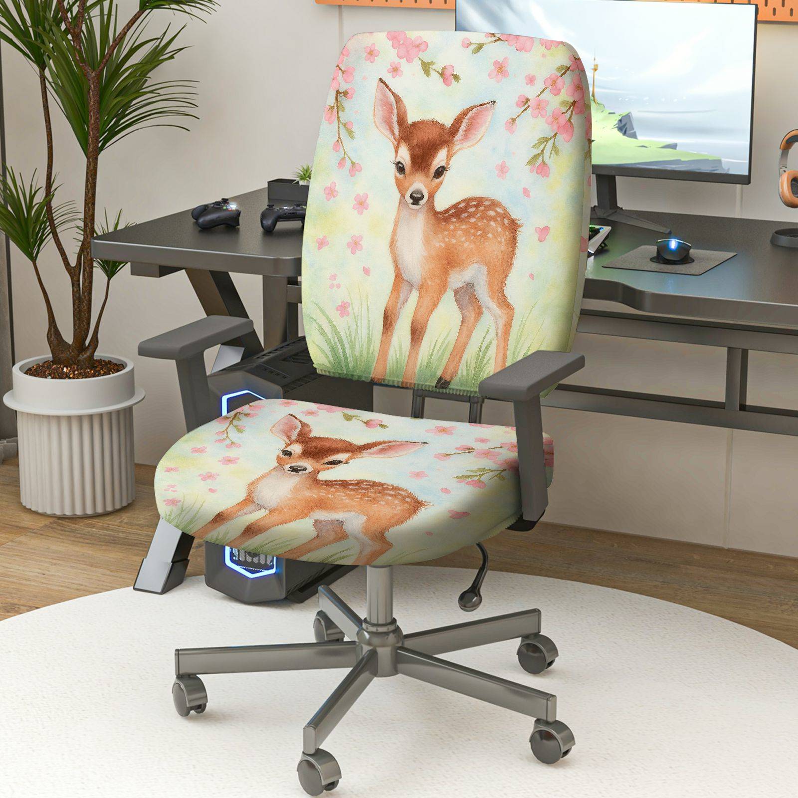 2-Piece Cute Deer Nature Floral Pastoral Spring  Computer Chair Cover Set, Seat and Backrest