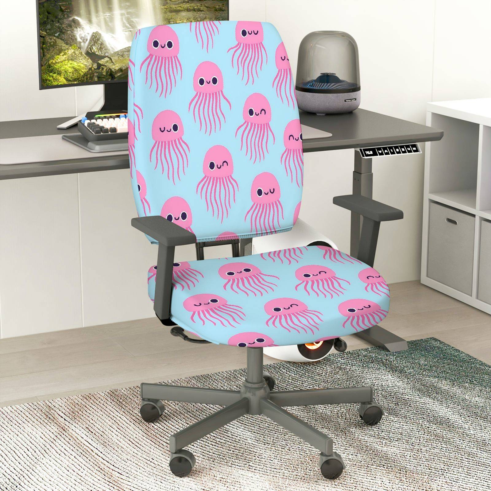 2-Piece Cute Jellyfish Pink Blue  Computer Chair Cover Set, Seat and Backrest