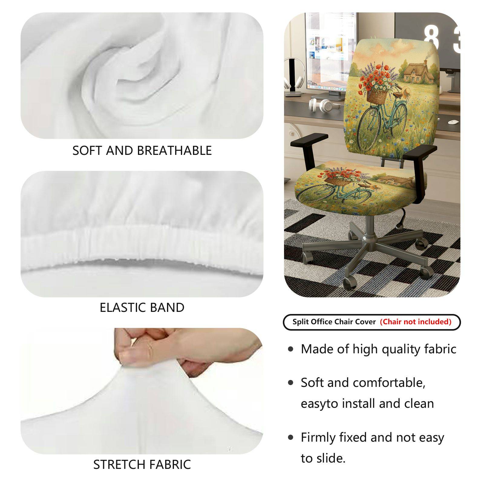 2-Piece Vintage Bicycle Flowers Landscape Country House  Computer Chair Cover Set, Seat and Backrest