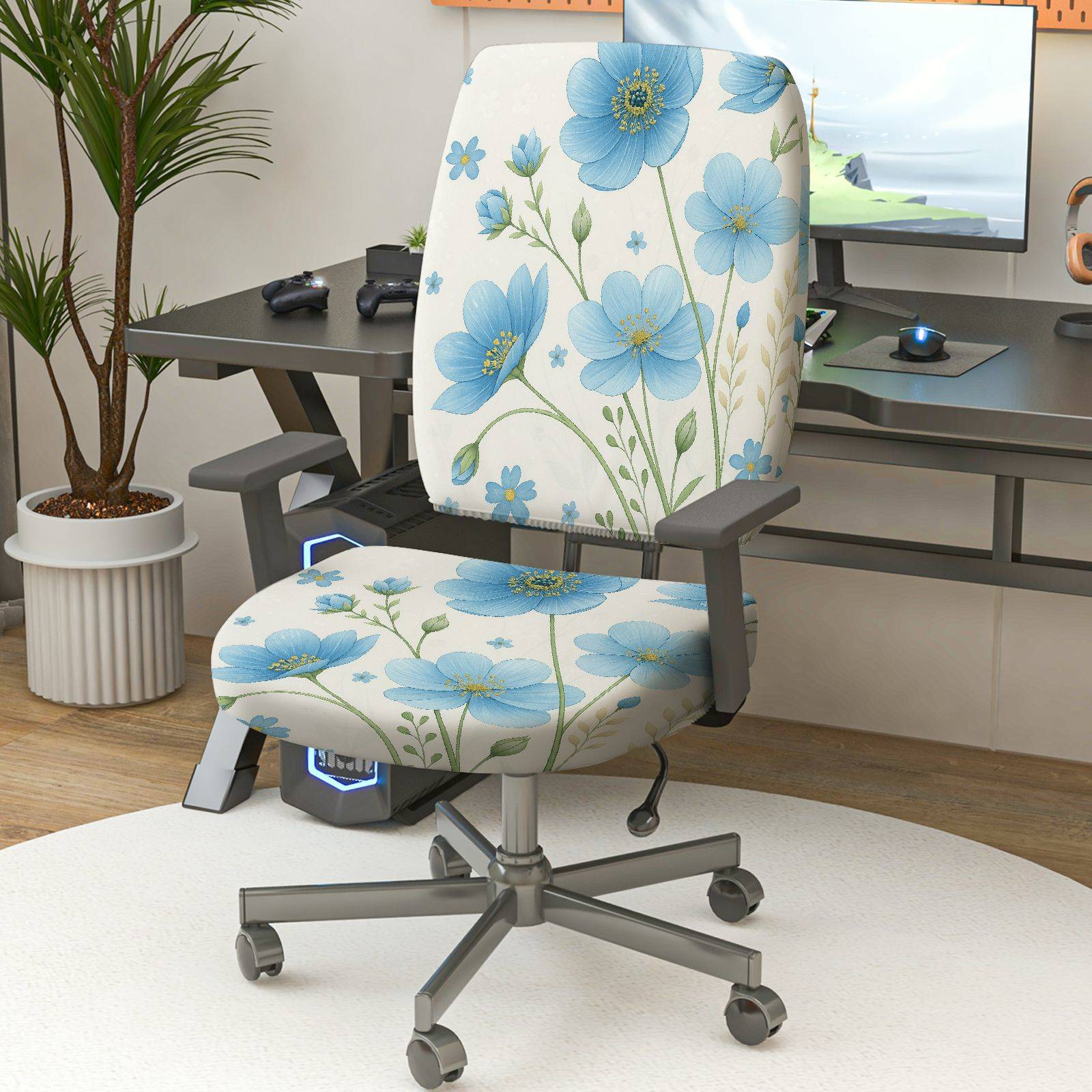 2-Piece Floral Pattern Blue Flowers  Computer Chair Cover Set, Seat and Backrest