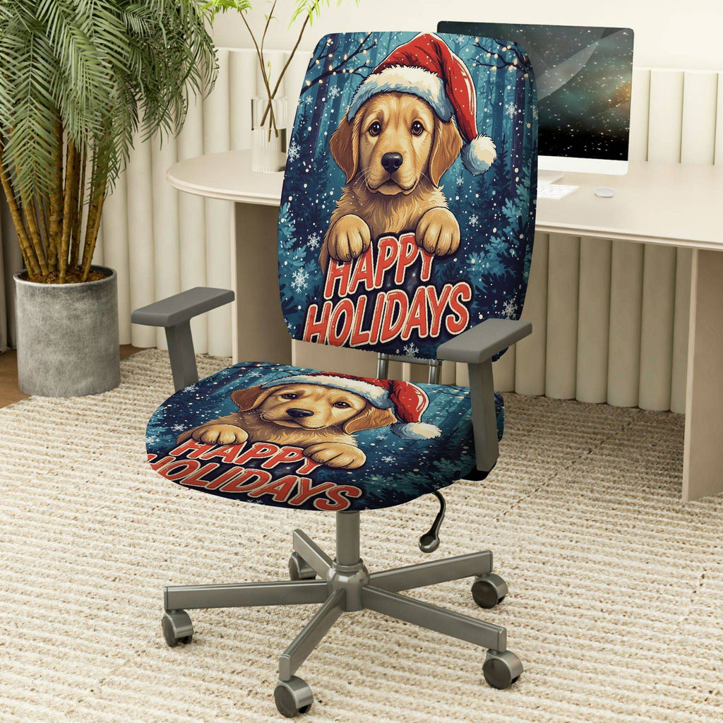 2-Piece Seasonal Puppy Christmas Dog Santa Happy Holidays  Computer Chair Cover Set, Seat and Backrest
