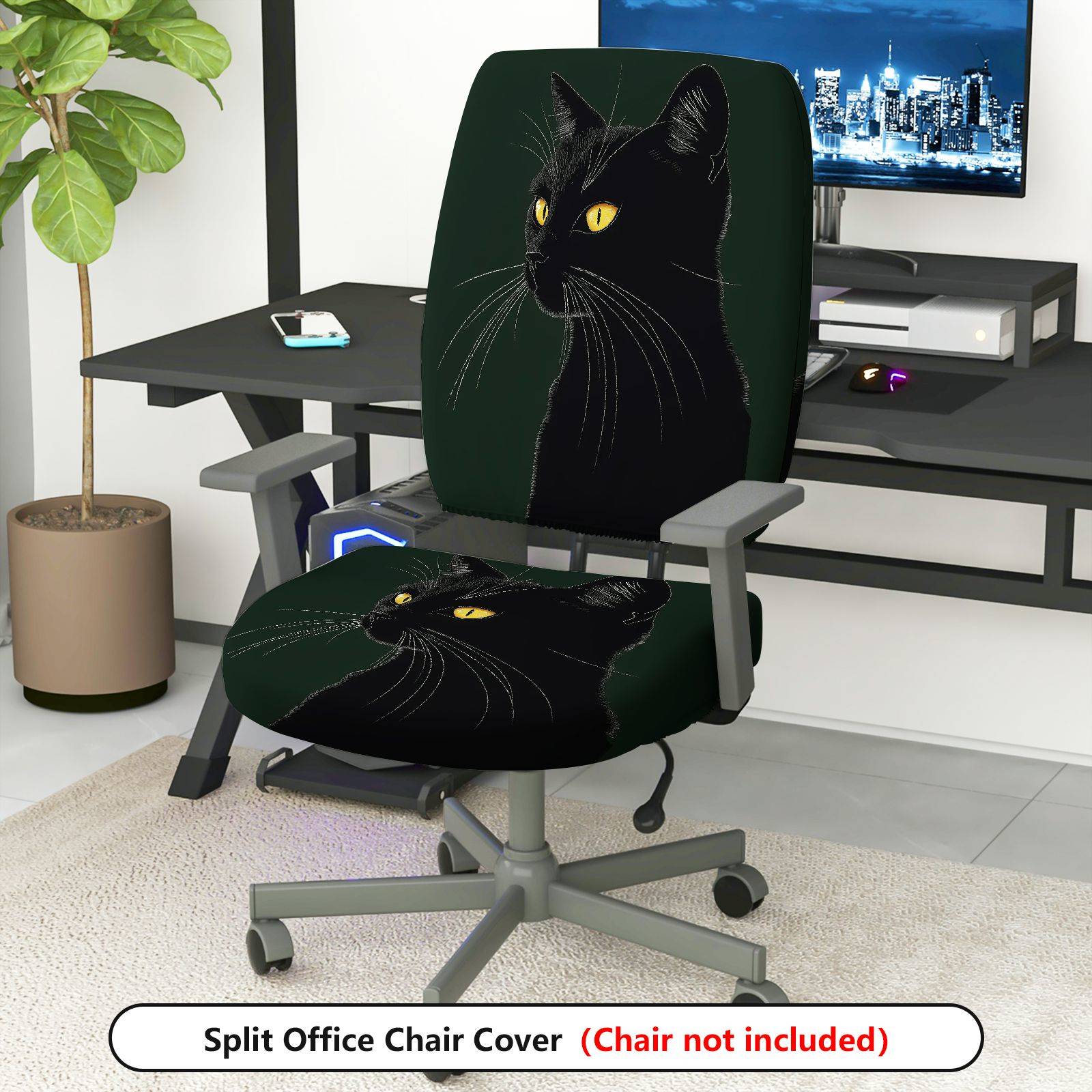 2-Piece Black Cat Animal Novelty Halloween Decorative  Computer Chair Cover Set, Seat and Backrest