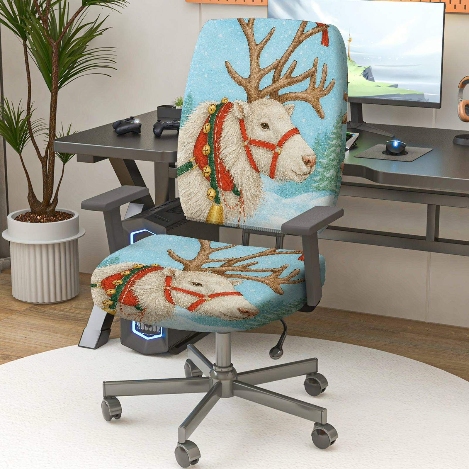 2-Piece Christmas Reindeer Snowy Forest Holiday Decorative  Computer Chair Cover Set, Seat and Backrest