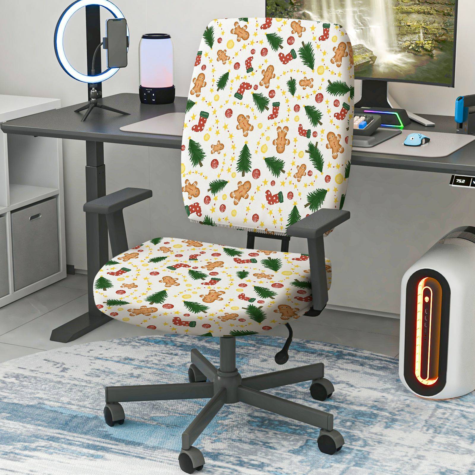 2-Piece Christmas Tree Gingerbread Snowflake Red Boots Yellow Star  Computer Chair Cover Set, Seat and Backrest