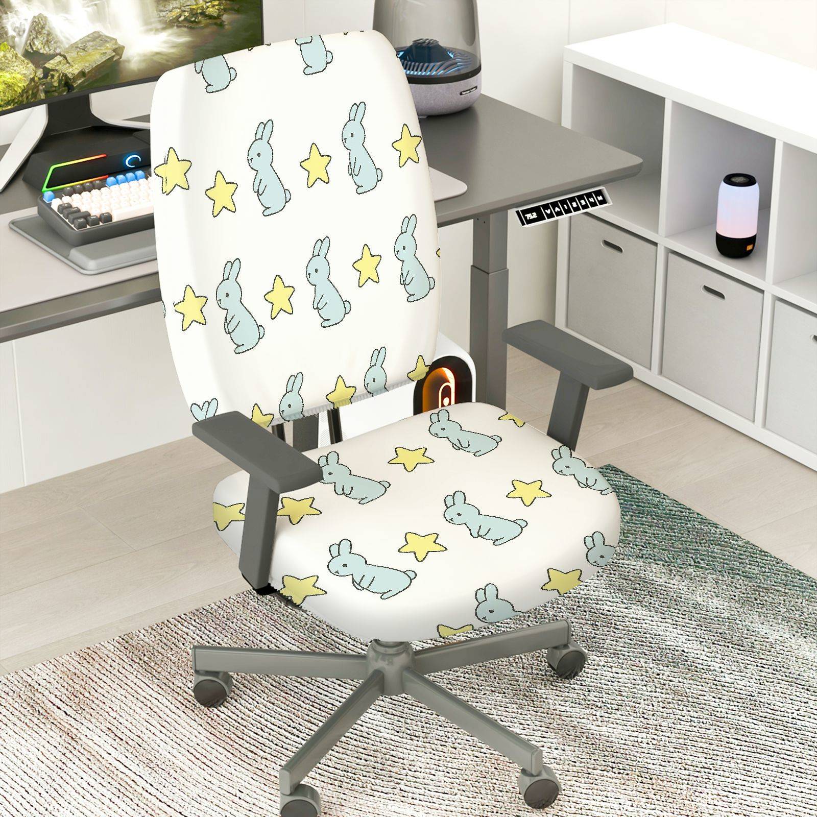 2-Piece Cute Rabbit Star Pattern Home Decor Furniture  Computer Chair Cover Set, Seat and Backrest