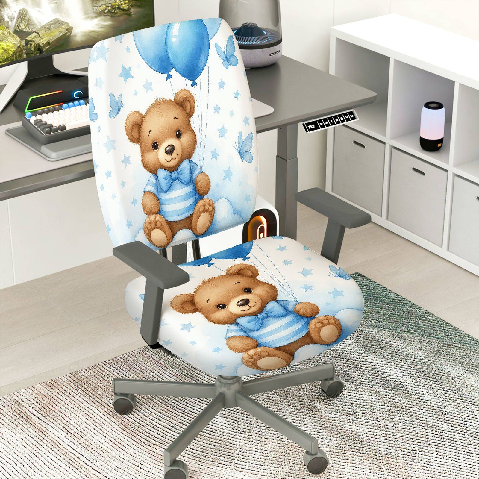 2-Piece Cute Blue Balloon Star Bear  Computer Chair Cover Set, Seat and Backrest