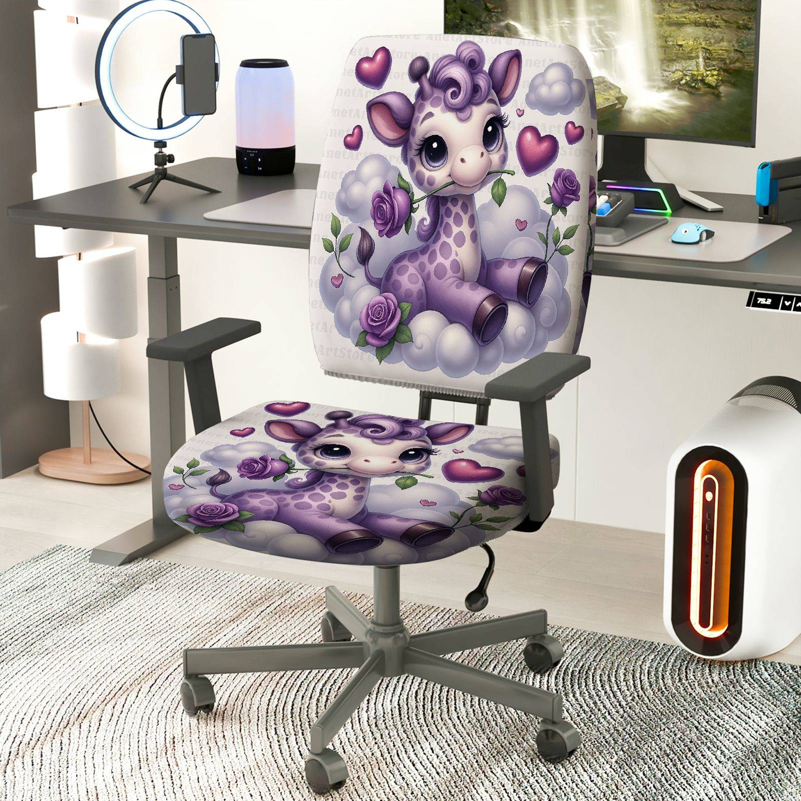 2-Piece Cute Fantasy Animal Hearts Clouds Roses  Computer Chair Cover Set, Seat and Backrest