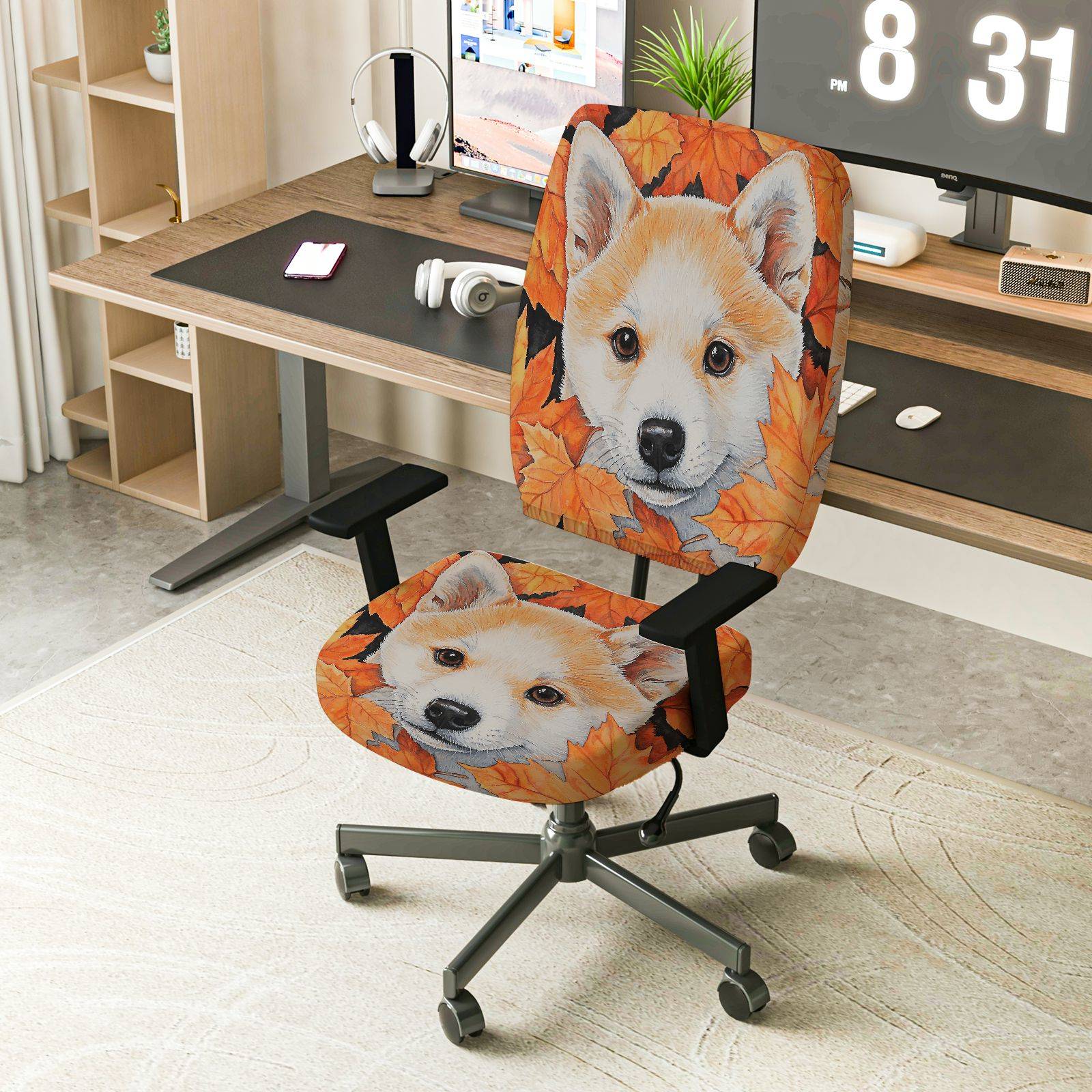 2-Piece Dog Leaf Autumn Animal Nature Home  Computer Chair Cover Set, Seat and Backrest
