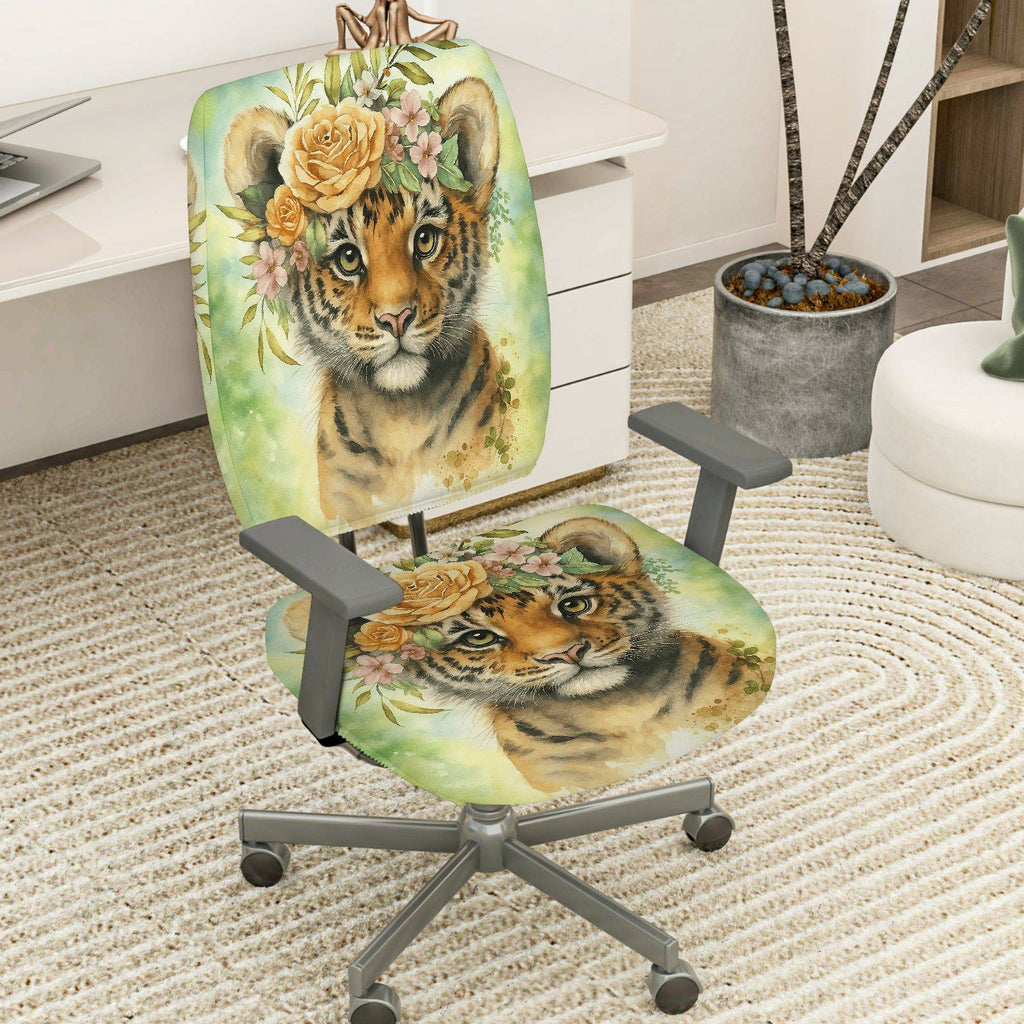 2-Piece Cute Floral Tiger Nature Art  Computer Chair Cover Set, Seat and Backrest