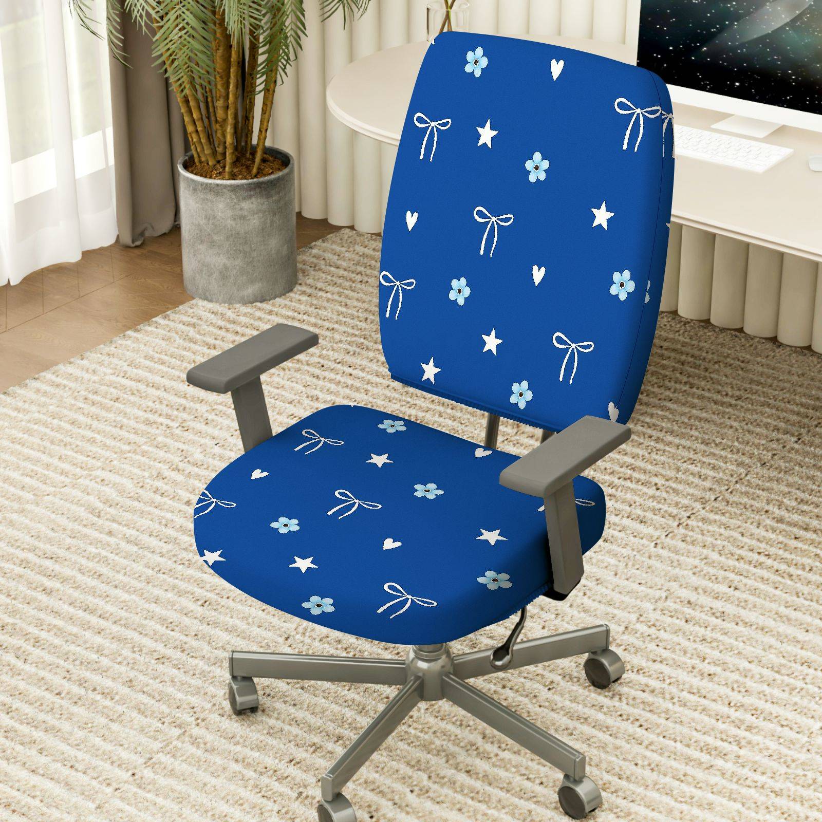 2-Piece Blue Star Heart Bow Flower  Computer Chair Cover Set, Seat and Backrest