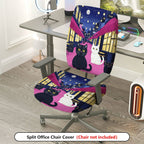 2-Piece Cat Night Street Black White Moonlight  Computer Chair Cover Set, Seat and Backrest